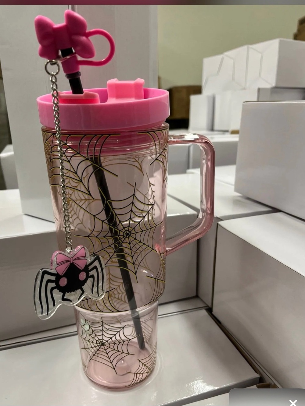 Hot Topic Pink Acrylic Spiderweb Travel Mug with Charm